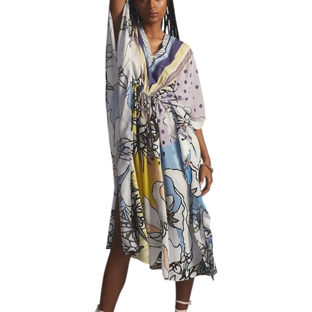HTF Anthropologie Bl^nk V-Neck Geometric Floral Print Tie Waist Midi Kaftan - OS
